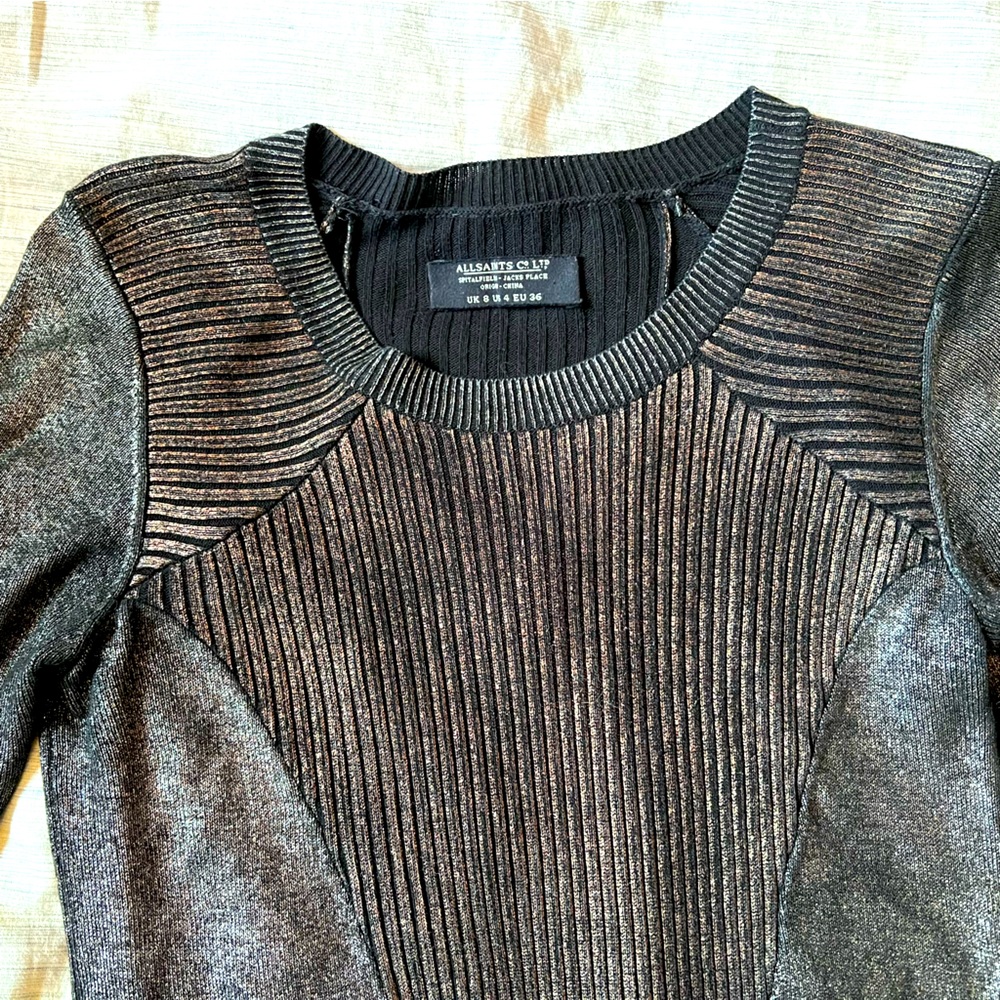 AllSaints Women Metallic Gold Crew Neck Sweater - size 4